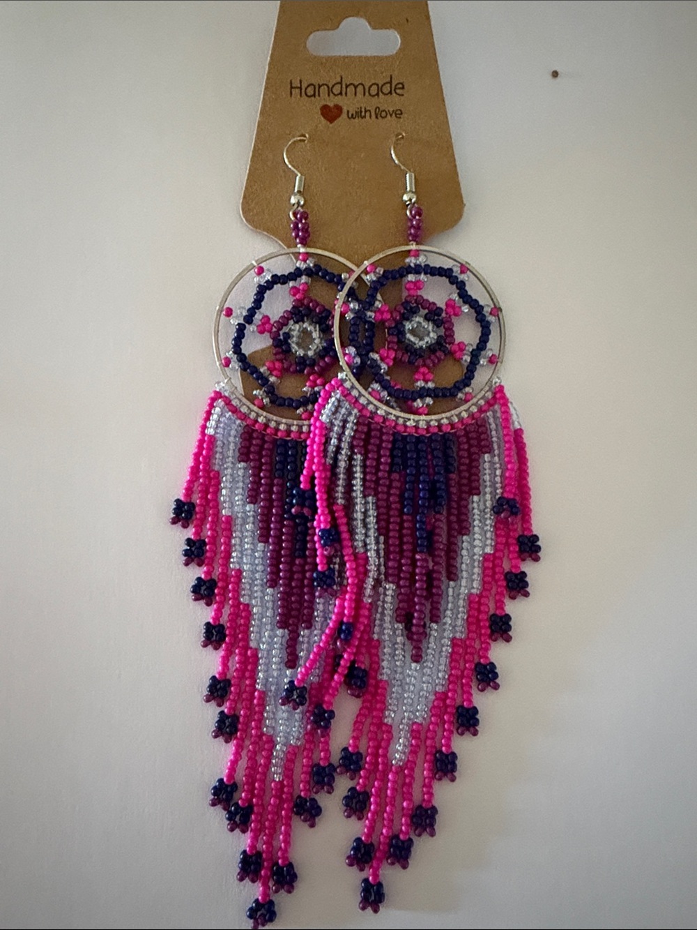 Handmade Fringe Beaded Hoop Earrings in Pink and Navy